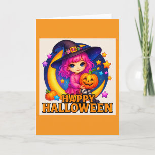 Bonne carte de voeux Halloween mignonne Moon Witch
