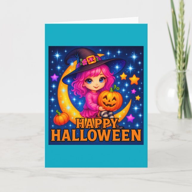 Bonne carte de voeux Halloween mignonne Moon Witch (Devant)