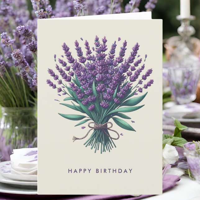 Bonne carte de voeux pour le bouquet de lavande d' (A birthday card with lavender illustration on a table.)
