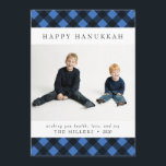 Bonne carte Hanoukka Buffalo Plaid pour Noël<br><div class="desc">Personnalisez cette carte classique de buffle bleu et noir plaid avec votre propre salutation et de belles photos pour commencer à répandre la joie à vos amis et votre famille cette saison de vacances.</div>