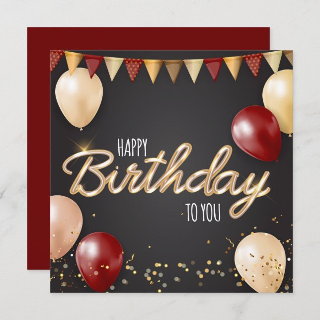 Bonne carte or et rouge anniversaire (Devant / Derrière)