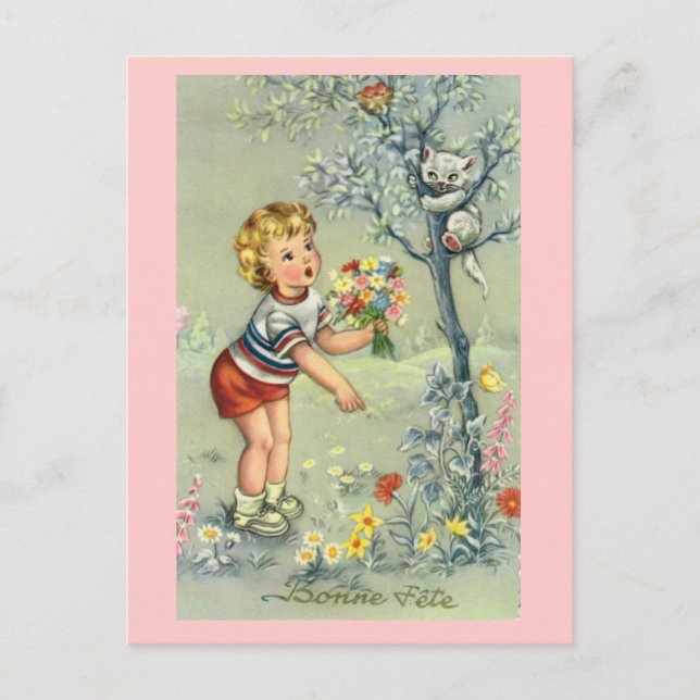 Bonne Fete, Carte Française, Enfant avec fleurs (Devant)