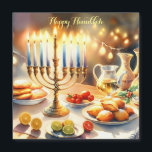 Bonne Hanoukka<br><div class="desc">Illustration de l'aquarelle Hanoukka. Une table joliment aménagée pour une célébration festive,  avec un menorah traditionnel aux bougies éclairées. Une lumière douce et chaleureuse,  tandis que les décorations de vacances apportent une touche de gaieté. Lumières chaudes créant une atmosphère confortable et accueillante.</div>