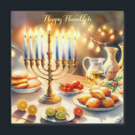 Bonne Hanoukka<br><div class="desc">Illustration de l'aquarelle Hanoukka. Une table joliment aménagée pour une célébration festive,  avec un menorah traditionnel aux bougies éclairées. Une lumière douce et chaleureuse,  tandis que les décorations de vacances apportent une touche de gaieté. Lumières chaudes créant une atmosphère confortable et accueillante.</div>