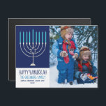 Bonne Hanoukka Famille Photo Menorah Magnet Card<br><div class="desc">Cette jolie carte magnétique à la mode Happy Hanoukka présente une belle menorah sur un arrière - plan bleu. Cette belle carte de vacances juive magnétique photo dispose de votre propre photo à côté de votre nom de famille.</div>