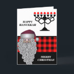 Bonne Hanoukka & Joyeuse Carte de Noël<br><div class="desc">Hanoukka et Joyeuse carte de Noël avec un arrière - plan de buffle rouge Menorah et un visage de Père Noël mignon.L'intérieur de la carte a un modèle de message personnel.Une carte de voeux parfaite pour Hanoukka & Christmas. Cliquez sur le bouton Personnaliser pour le customiser avec votre propre texte....</div>
