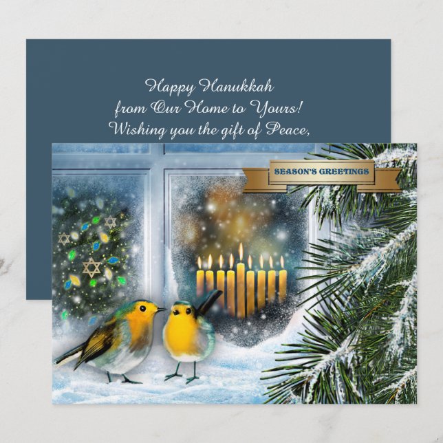 Bonne Hanoukka. Scène de neige avec carte Menorah (Devant / Derrière)