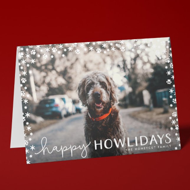 Bonne Howlidays Pet Lover Carte de voeux de vacanc (folded Christmas photo card for dog lovers with photo and printed custom message inside)