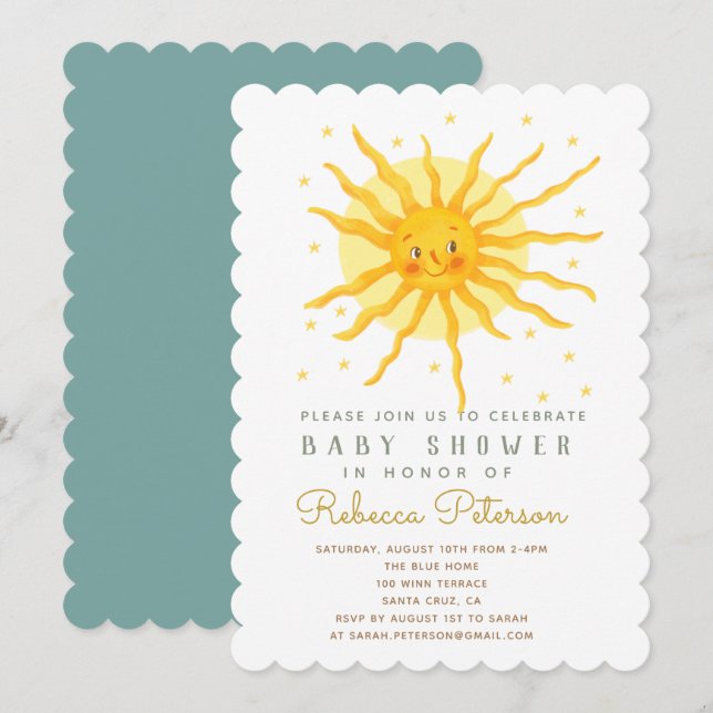 Bonne invitation au Baby shower solaire Jaune (Devant / Derrière)
