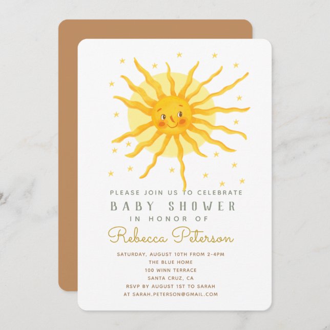Bonne invitation au Baby shower solaire Jaune (Devant / Derrière)