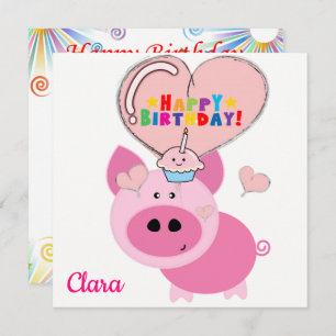 Bonne invitation carte d'anniversaire Pink Pig