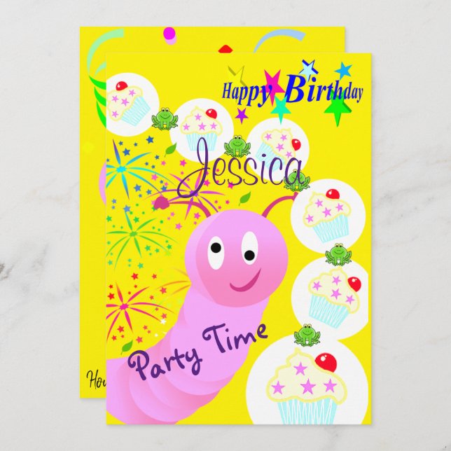 Bonne Invitation d'anniversaire Pink Worm Cupcakes (Devant / Derrière)