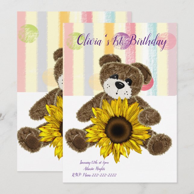 Bonne Invitation d'anniversaire Teddy Bear Pastel  (Devant / Derrière)