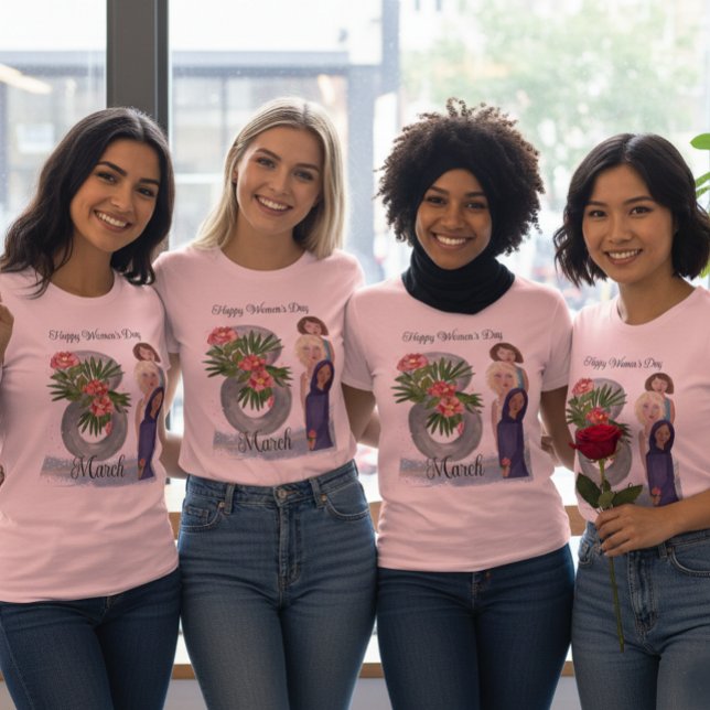 Bonne Journée des Femmes | T-shirt rose du 8 mars (Happy Women's Day  March 8th Pink T-Shirt- showing diversified women matching T_shirt  )