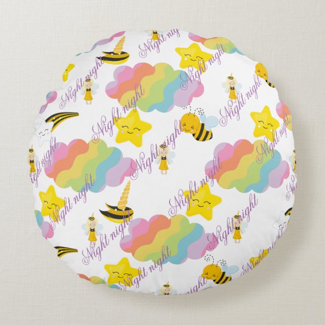 Bonne nuit ronde coussin bébé avec éléments bébé. (Devant)