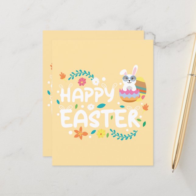 Bonne Pâques, Oeufs, Lapin & Fleurs Papeterie (Devant/Arrière en situation)