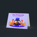 Bonne Thanksgivukkah Funny Turquie Carte de voeux<br><div class="desc">Une carte de voeux originale et humoristique c.a.teresa ou une invitation avec un couple de dindes grillées au vin, l'une avec un yamaka, à une table avec une menorah et l'étoile de David. La carte parfaite pour célébrer la combinaison de Thanksgiving et Hanoukka qui tomberont ensemble cette année. Ces cartes...</div>