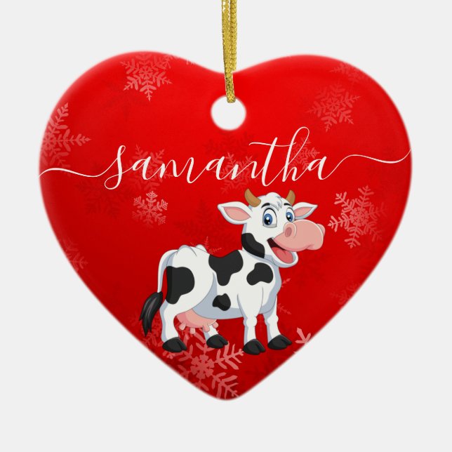 Bonne vache Coeur rouge Noël Ornement en céramique (Devant)