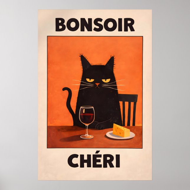 Bonsoir Chéri Affiche de Chat Noir, Fromage de Vin (Devant)
