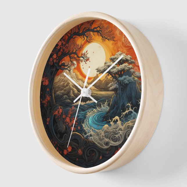 Bonzai Tree Wave Yin Yang Martial Arts Mur Horloge (Angle)