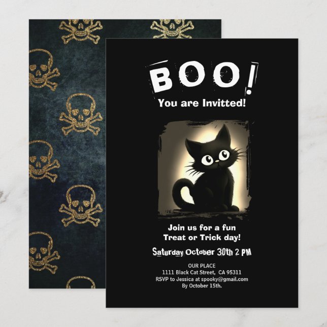 Boo Cute Chat noir Halloween Fête Invitation (Devant / Derrière)