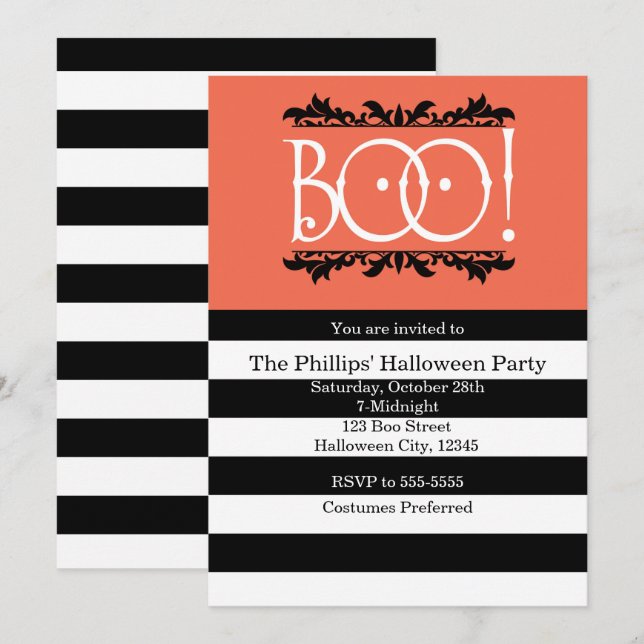 Boo ! Invitations d'Halloween noir blanc et orange (Devant / Derrière)