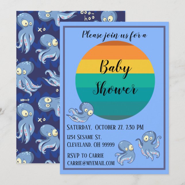 Boo Octopus Blue Retro Baby shower Invitation (Devant / Derrière)