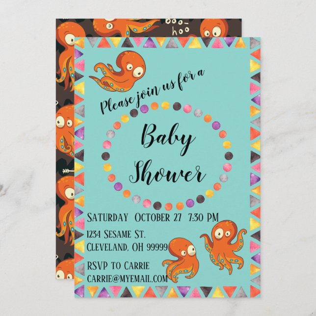 Boo Octopus Orange & Black Baby shower Invitation (Devant / Derrière)