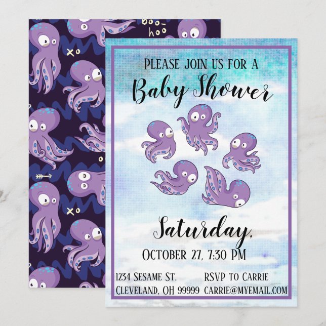 Boo Octopus Purple Baby shower Invitation (Devant / Derrière)