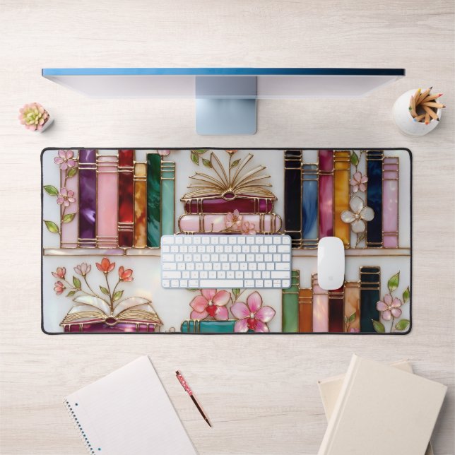 Book Lover Desk Mat | Floral Bookshelf Mouse Pad (Bureau 1)