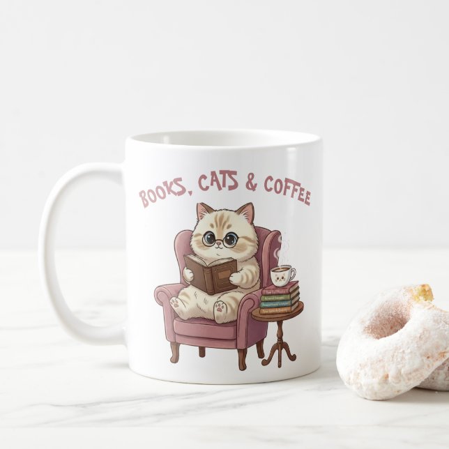 Books, Cats & Coffee Cute Cat Lover Mug (Avec donut)