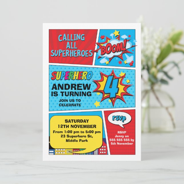 Boom coloré Superhero 4e anniversaire Invitation (Debout devant)