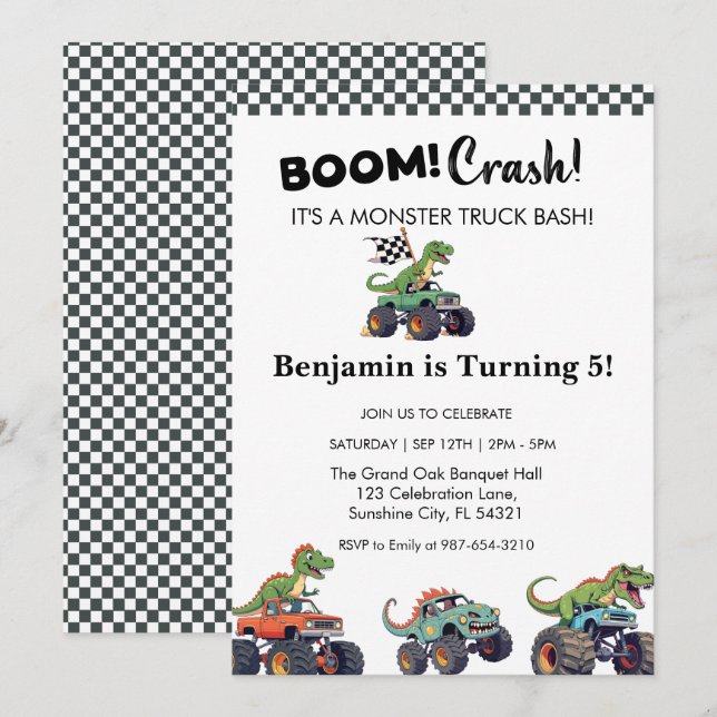Boom Crash, Monster Truck Invitation Anniversaire (Devant / Derrière)