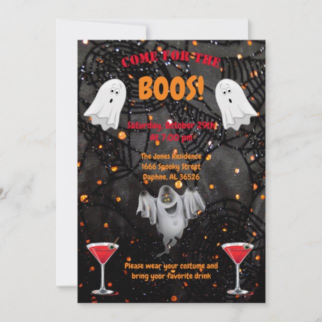 Boos, Boissons et Ghost Halloween Party Invitation (Devant)