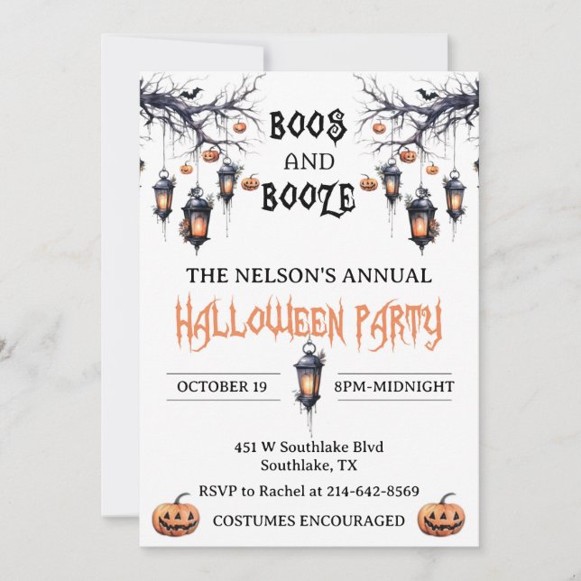 Boos et Booze Invitation de la fête d'Halloween (Devant)