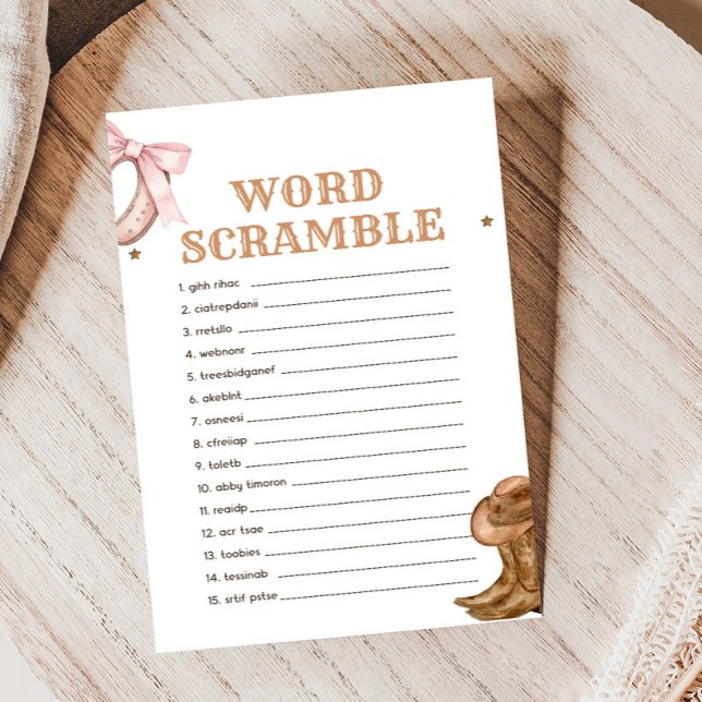 Boots and Bows Gender Reveal Word Scramble Game (Western Boots and Bows Game)