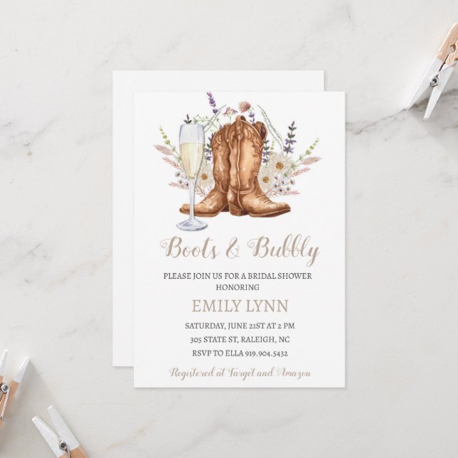 Boots and Bubbly Western Bridal Shower Invitation (Devant/Arrière en situation)