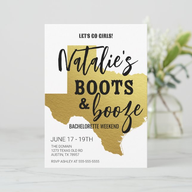 Boots & Booze Texas Bachelorette Invitation (Debout devant)