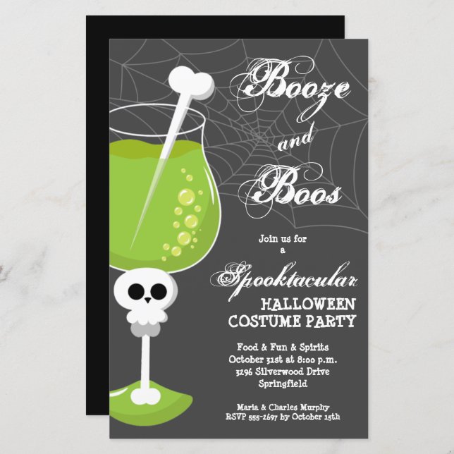 Booze and Boos Skull Budget Halloween Invitations (Devant / Derrière)