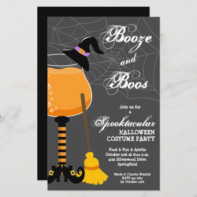 Booze et Boos Witch Budget Halloween Invitations (Devant / Derrière)