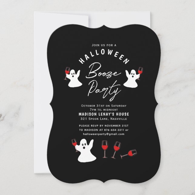 Booze Ghost Black White Halloween Party Invitation (Devant)