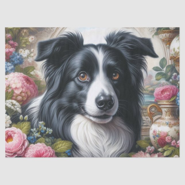 Border Collie avec Fleurs Papier de Soie (Recto)