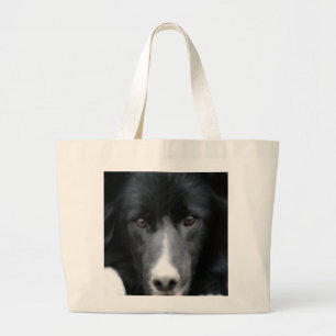 Border collie noir font face au sac fourre-tout à