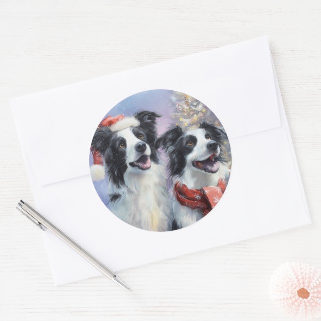 Border Collie Round Christmas Sticker (Enveloppe)