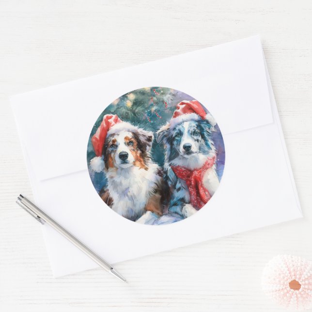 Border Collie Round Christmas Sticker (Enveloppe)
