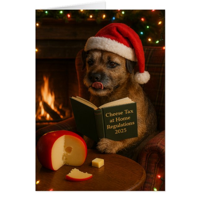 Border Terrier 'Cheese Tax' Christmas card (Devant)