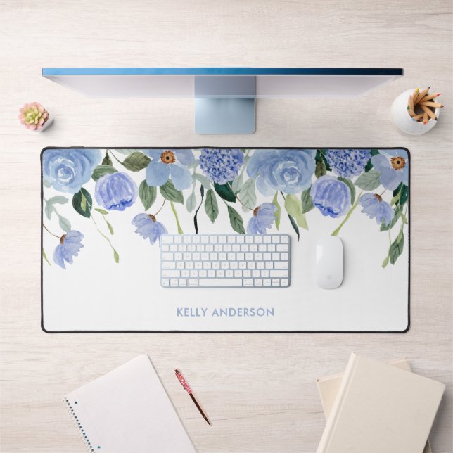 Bordure aquarelle florale bleue à monogramme éléga (Bureau 1)