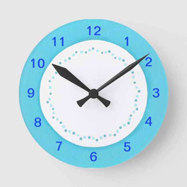 Bordure bleue sur blanc, horloge murale pois (Recto)
