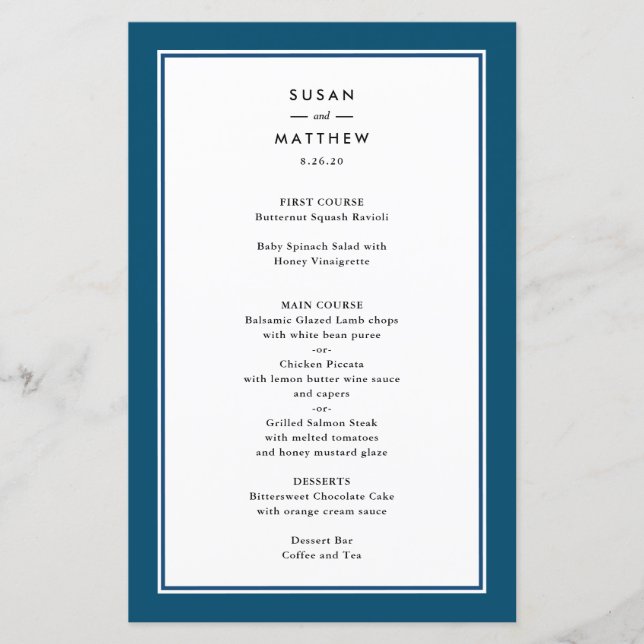 Bordure classique bleu marine, menu papier (Devant)