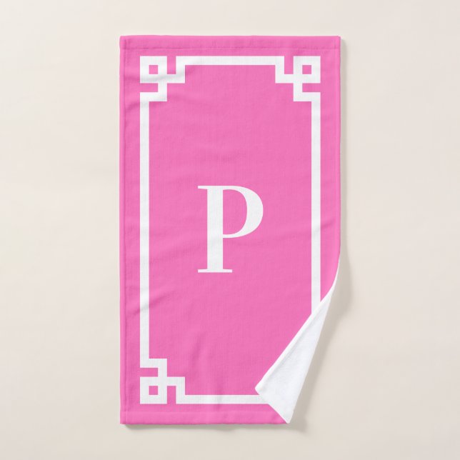 Bordure clé grecque rose et blanc chaud Monogramme (Serviette à main)